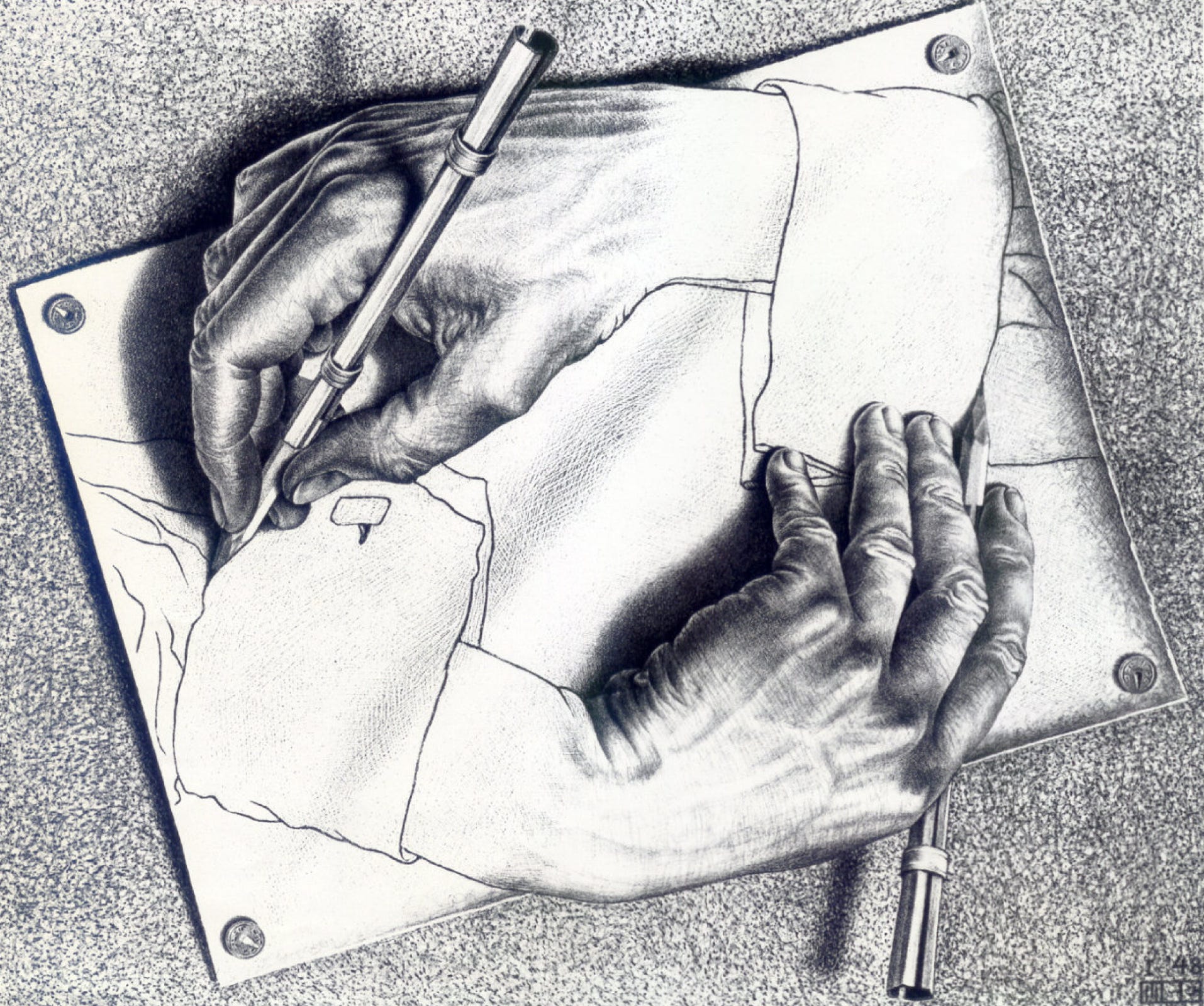 Objective simultaneity can emerge from causal graphs as much as these hands can draw themselves out of the void. Artist: M.C. Escher.